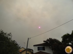Un soleil rouge derrière la fumée des incendies